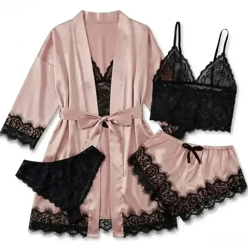 Home Textile - Damen-Schlafanzug-Set aus Satin, bestehend aus vier