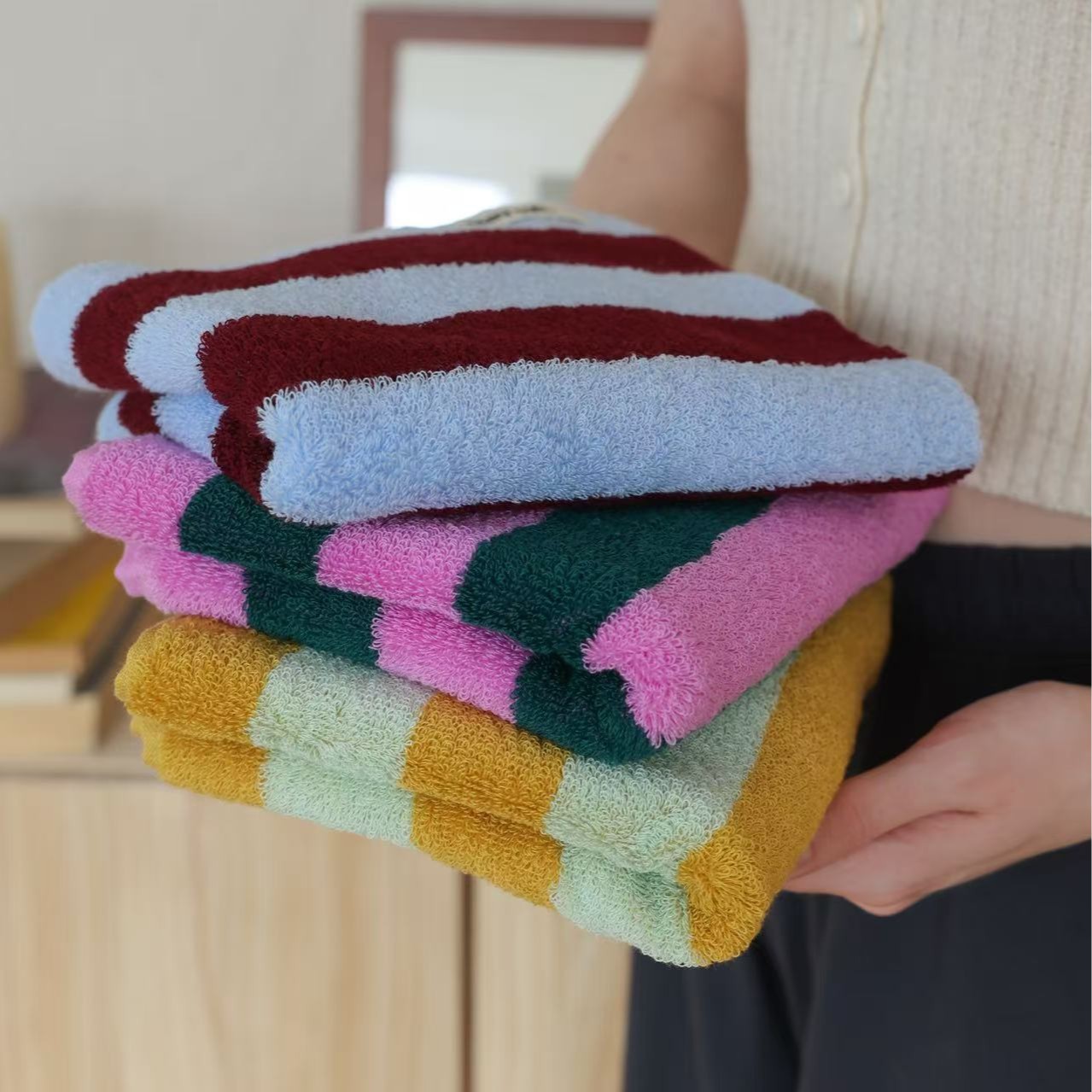 Home Textiles Face Towel - Retro gestreifte Handtücher aus reiner Baumwolle,